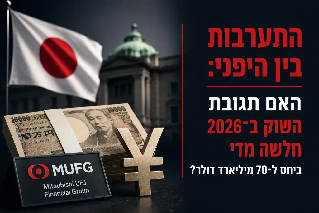 תמונת טאמבנייל פיננסית על התערבות יפן בשוק המט"ח, עם דגל יפן, הין היפני, MUFG ובנק יפן.