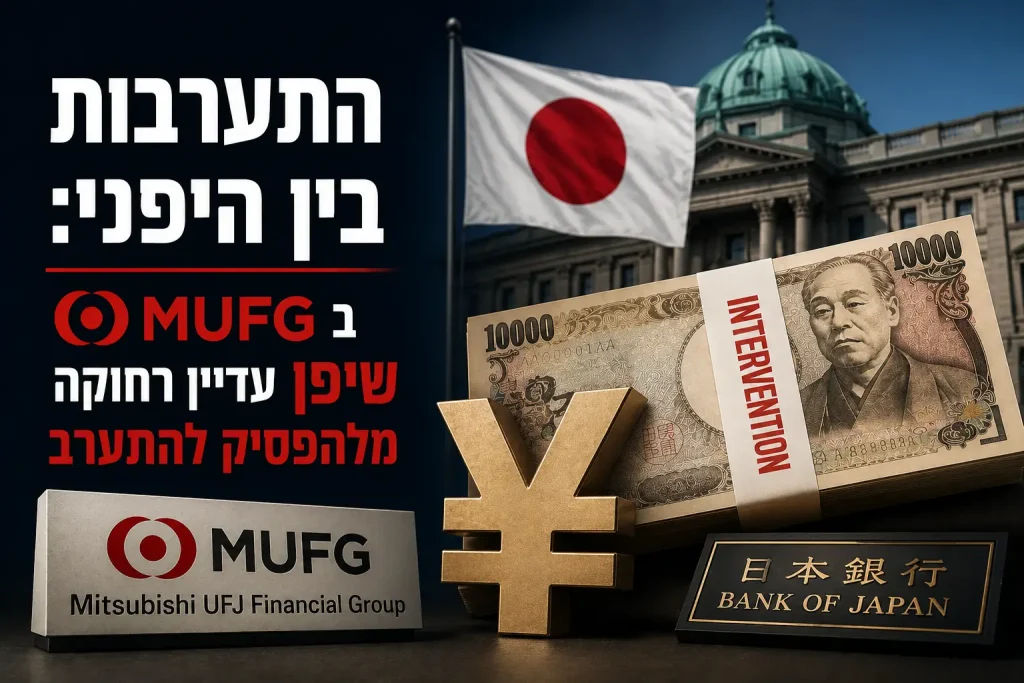 תמונת טאמבנייל פיננסית על התערבות יפן במטבע, הכוללת את MUFG, בנק יפן, הין היפני ושטרות ין.