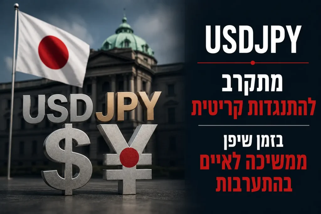 תמונת טאמבנייל פיננסית המציגה את צמד המטבעות USDJPY, דגל יפן וסימני אזהרה לגבי אפשרות להתערבות יפנית בשוק המט"ח.
