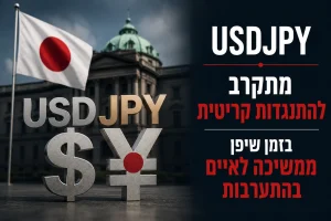 תמונת טאמבנייל פיננסית המציגה את צמד המטבעות USDJPY, דגל יפן וסימני אזהרה לגבי אפשרות להתערבות יפנית בשוק המט"ח.