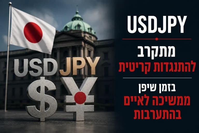 תמונת טאמבנייל פיננסית המציגה את צמד המטבעות USDJPY, דגל יפן וסימני אזהרה לגבי אפשרות להתערבות יפנית בשוק המט"ח.